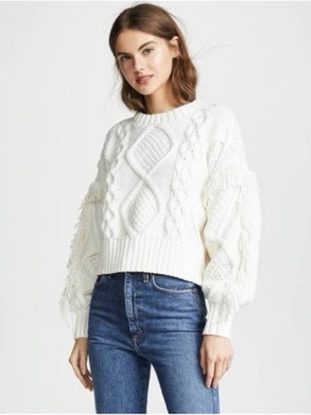 New Line & Dot Ivory Cable Knit Fringe Sweater Size L